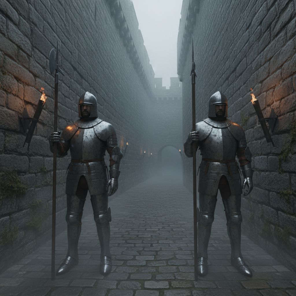 В блестящих латах охрана проходов.