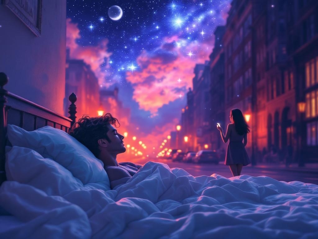    К чему такое снится: На картине изображен момент, когда мужчина догоняет женщину на улице; он протягивает кольцо, предлагая руку и сердце. Оба в движении, а фон – городской пейзаж.