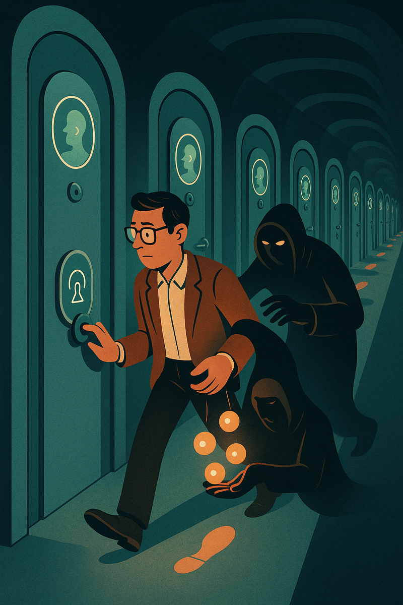 Сюрреалистичный коридор с бесконечной чередой дверей-сканеров символизирует навязчивые повторные логины; за пользователем крадётся тень-злоумышленник, подбирая сияющие «сферики-пароли», чтобы показать, как частая аутентификация упрощает кражу учётных данных и отвлекает от реальной безопасности.