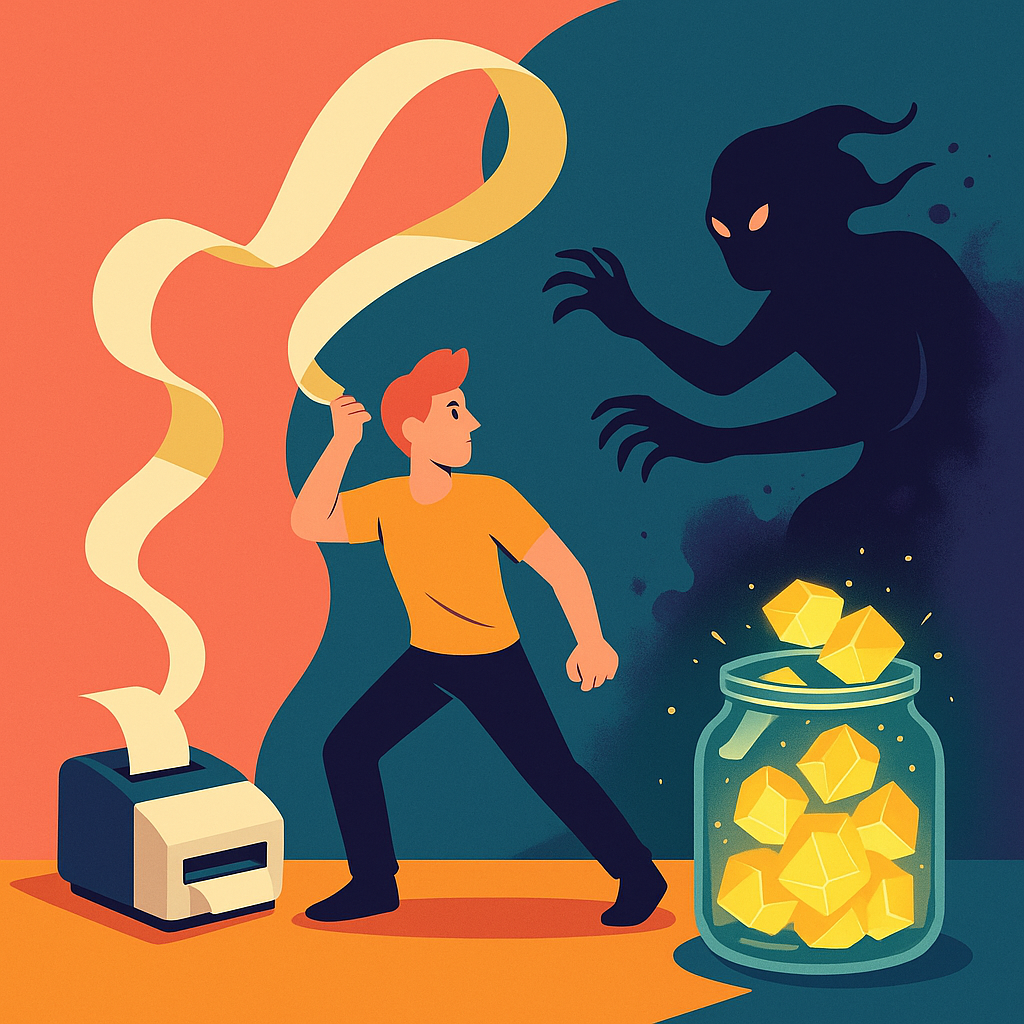 Маленький чековый принтер выпускает ленту-серпантин, которая в руках героя превращается в оружие против тени-прокрастинации; сияющие скомканные «кристаллы заданий» падают в стеклянную банку, подчёркивая видимый прогресс. 