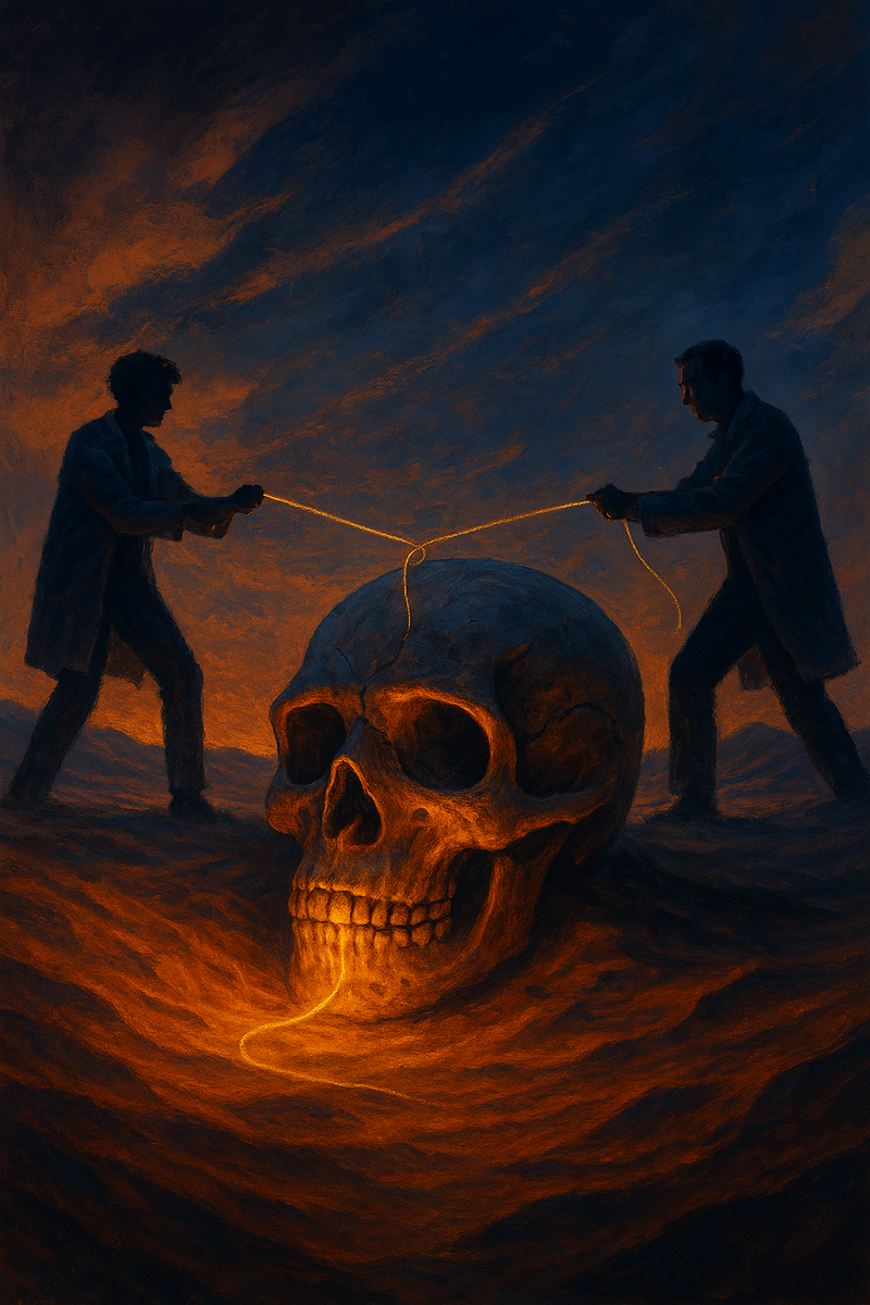 На фоне сумеречного Сахеля древний череп Toumaï сияет из-под песка, а два силуэта учёных тянут светящийся «нить-аргумент», изображая затяжной научный конфликт вокруг происхождения человека.