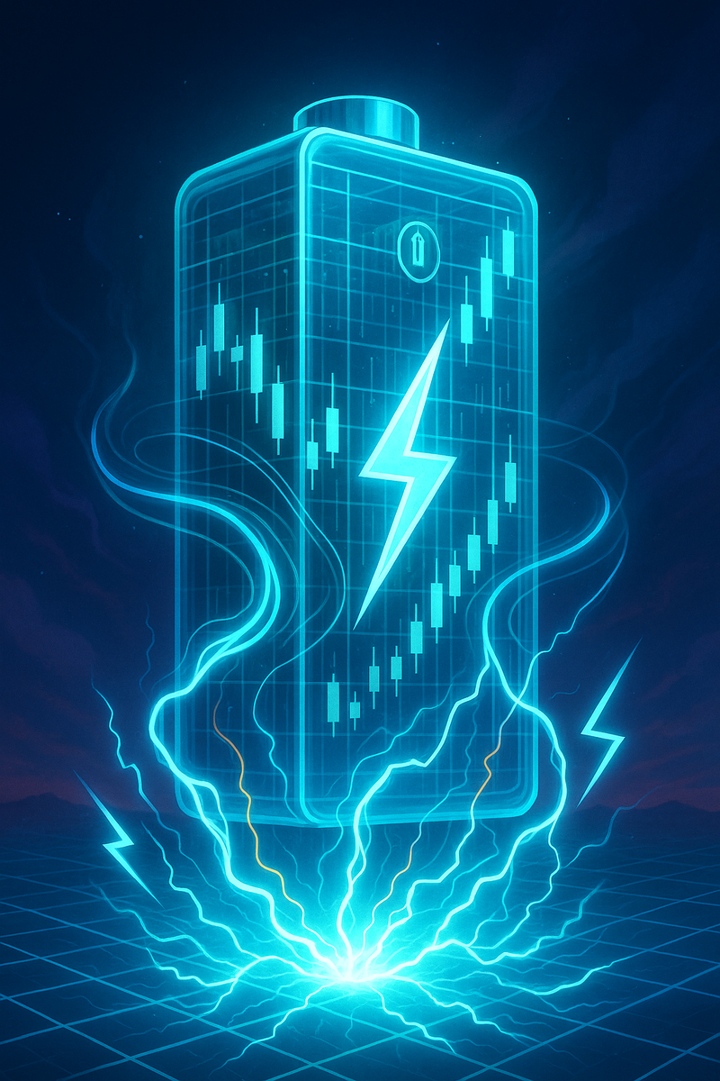 Неоновая «батарея-небоскрёб» мерцает свечками графика, а из её основания вырываются молнии, визуализируя идею высокочастотной торговли, превращающей запасённую энергию в всплеск прибыли.
