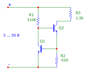 Резистор R2 задает выходной ток, R3 - нагрузка (часы), Q1 - КТ315Б , Q2 - КТ817Г.