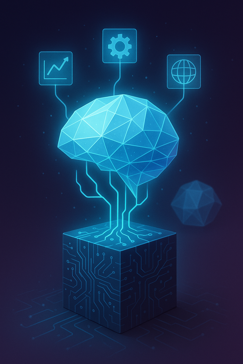 Из куба-«чипа» поднимается сверкающий многогранный «мозг» с сетью цепей, а от него тянутся лучи-иконки, намекая на улучшенное рассуждение o3-pro и её связь с внешним миром.