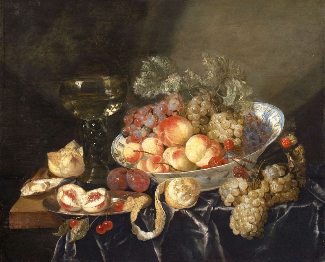 "Фруктовый натюрморт". Около 1655 года. Масло на панели.  Музей изящных искусств, Будапешт.