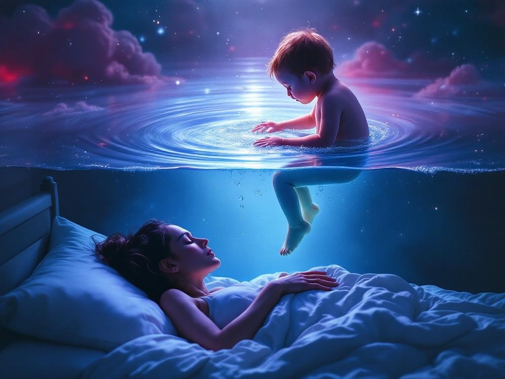    К чему такое снится: На картине - мать, вытаскивающая своего маленького сына из ванны полной воды. Мальчик кажется неподвижным, вокруг вода с волнами от движения.