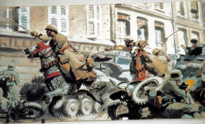Атака марокканских спаги в Ла Хорне 15 мая 1940 г.
Так ее представлял себе художник Альбер Бренет, не знакомый с реальной историей. Действительности соответствует лишь то, что колониальные солдаты Франции носят общеармейские шинели и стальные шлемы модели Адриана, а их кони сохранили экзотическую сбрую берберских всадников.