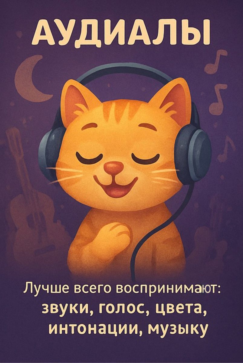👂 АУДИАЛЫ
🧸Их успокаивает: знакомый тембр, ритмичность, спокойная речь, повторяющиеся звуки
🕗Что учесть в режиме: постарайтесь избегать резких шумов и суеты перед сном — звуковая среда для них особенно важна
📚Подходящие ритуалы:
– Ритуалы с проговариванием: "Сейчас мы идём чистить зубы, потом читаем сказку, потом засыпаем".  
– Одна и та же колыбельная
– Спокойная сказка или рассказ без резких поворотов
– «Слова на сон»: «Ты дома, ты в безопасности, я рядом»
– Белый или розовый шум, если это уже ассоциируется со сном
– Мягкие звуки природы: дождь, ветер, пение птиц
💡 Совет: Белый/розовый шум действительно может творить чудеса — особенно если он звучит постоянно и узнаваемо. Аудиалы очень чувствительны к интонации: даже тихое «ну спиии» с напряжением в голосе может всё испортить.
🔑 Важно помнить: Аудиал «слышит» не только слова, но и ваше настроение. Спокойствие — ваш главный инструмент.