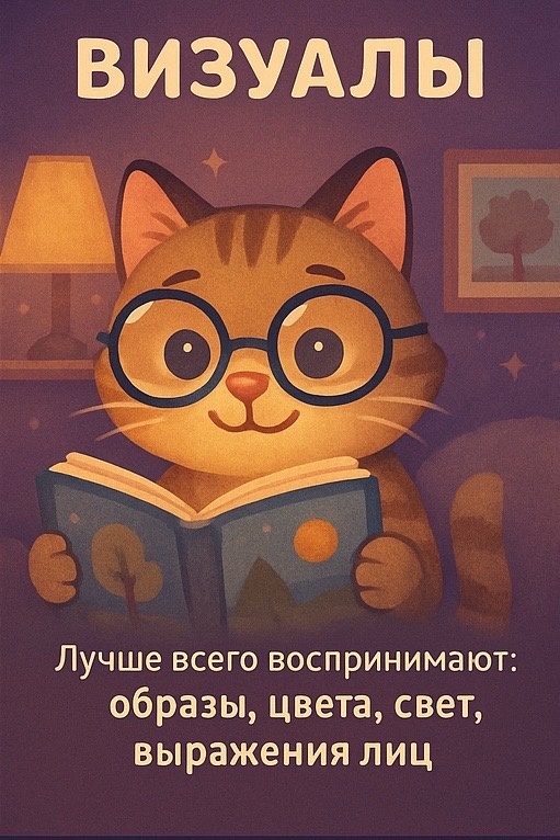 👁 ВИЗУАЛЫ
🧸Их успокаивает: спокойная, знакомая обстановка, мягкий свет, визуальные ритуалы
🕗Что учесть в режиме: беспорядок, яркий свет и хаотичные действия могут перевозбудить; важно создать визуальный покой
📚Подходящие ритуалы:
– Книги со спокойными вечерними картинками 
– Ритуал с выключением лампочек по порядку или задуванием свечки
– Включение ночника с тёплым светом
– Ежевечерняя «сцена»: тот же плед, тот же свет, те же действия
💡 Совет: Попробуйте не менять обстановку перед сном. Даже незначительные перемены (новая пижама, другой свет) могут сбить визуала с привычной «дорожки ко сну».
🔑 Важно помнить: Визуал засыпает глазами. Уберите всё лишнее из поля зрения — и он быстрее «отключится».