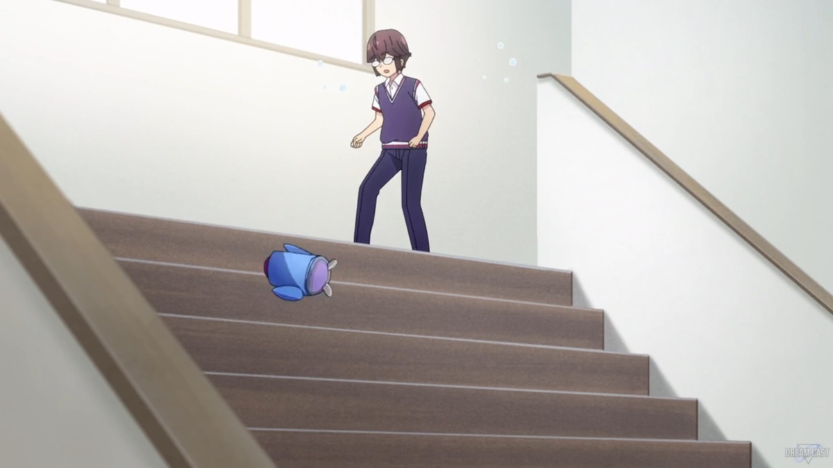 Но робот был слишком близко к краю лестницы, и когда он сваливается с верхней ступени, Акуцу сиганул вниз за ним.