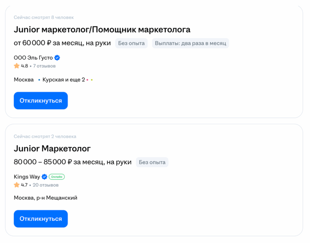    Актуальные вакансии для начинающих маркетологов 