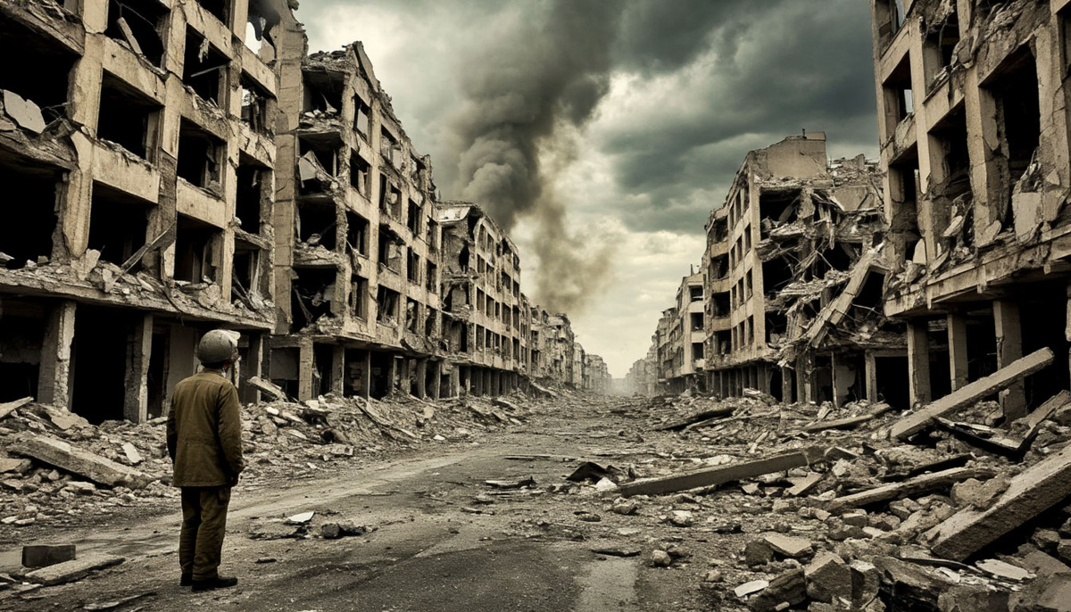 Одинокий мальчик смотрит на разрушенный войной город