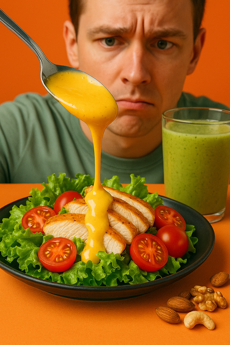 Салат с курицей и черри, сверху льётся соус; рядом смузи и орехи, человек задумчиво смотрит.