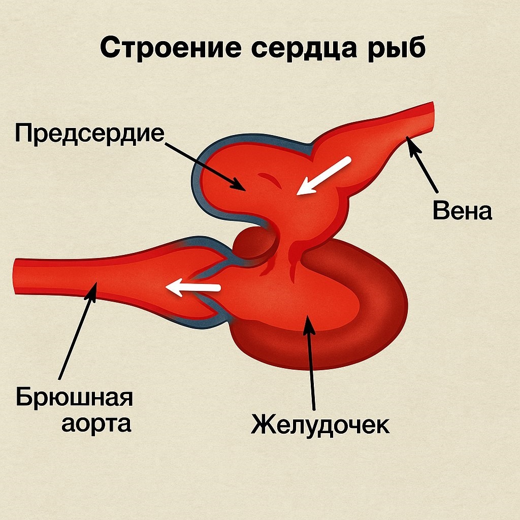 на схеме строения простого сердца рыб хорошо видна функциональная разница предсердия