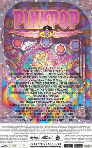 Афиша с фестиваля Pinkpop 1996 года. Здесь и далее, фото с сайта theprodigyontour.com