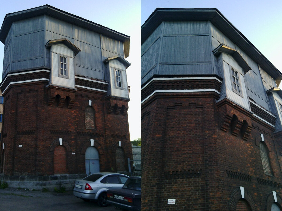 У водонапорной башни красивый зубчатый рисунок на стенах, а кирпичный ярус от деревянного отделяет опояска из фигурных орнаментов. Источник: Mishitza17 / CC BY-SA 4.0