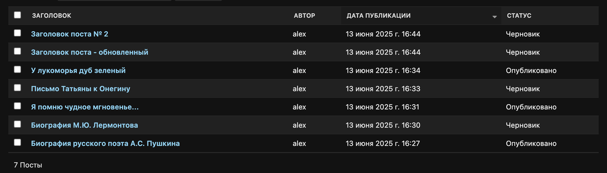 Список постов в приложении blog по которым будут отработаны примеры.