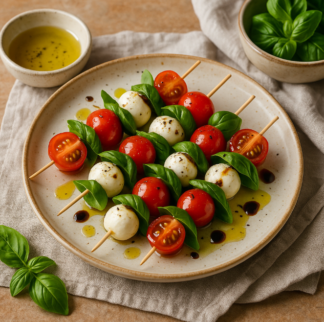 Шпажки с моцареллой, черри и базиликом рецепты от Дарики