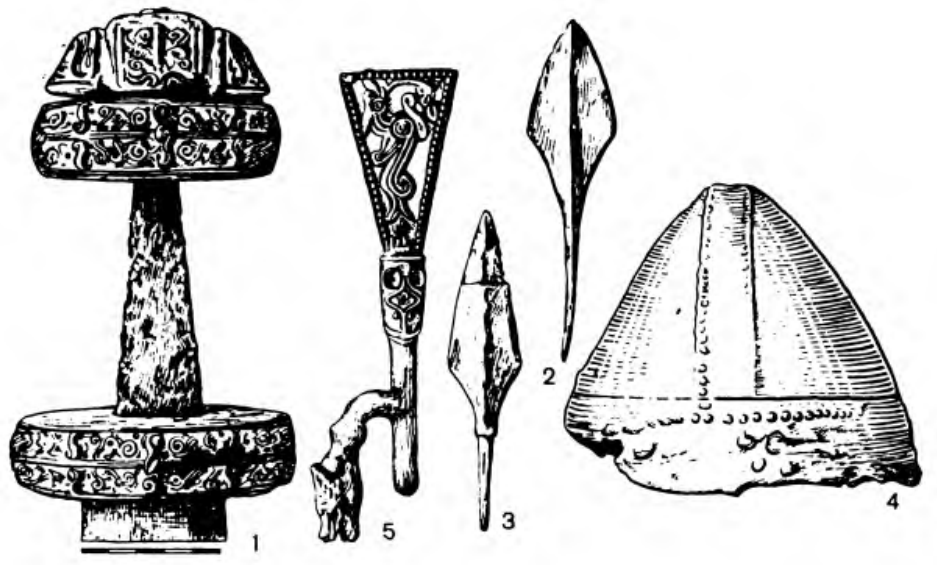 Оружие из Гнездовских курганов:
1 — рукоять меча, 2—3 — стрелы, 4 — шлем, 5 — скоба для подвешивания вещей