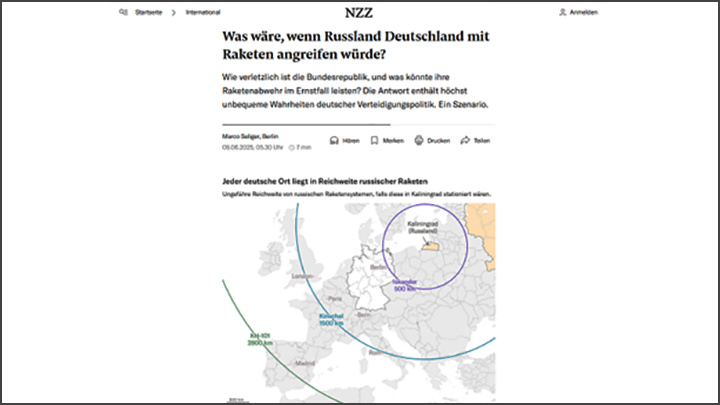    Радиус поражения русских ракет. Если захотим, от Германии ничего не останется//Скриншот страницы с сайта Neue Zürcher Zeitung