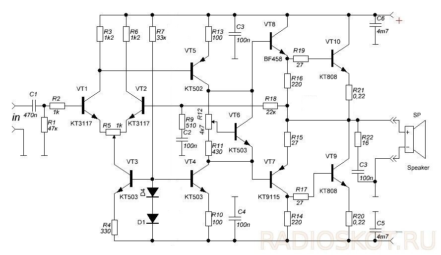 УНЧ на 10 транзисторах схема