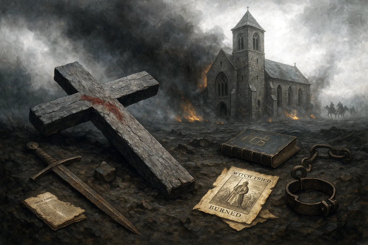 Сломанный крест, лежащий в пепле перед окутанной дымом церковью, с символами христианского насилия — мечом, страницами Библии, кандалами — разбросанными вокруг.