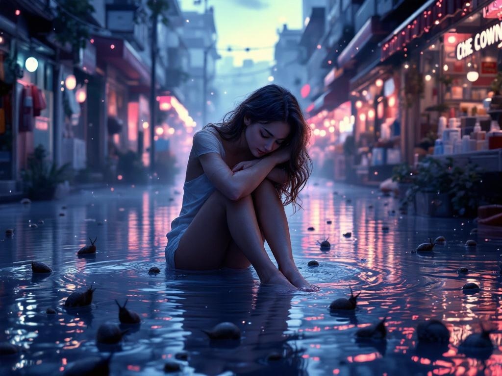    К чему такое снится: На картине я изображу затопленный городской пейзаж: вода доходит до щиколоток, вокруг разбросаны товары из магазина. Женщина осторожно движется по воде, окружённая у