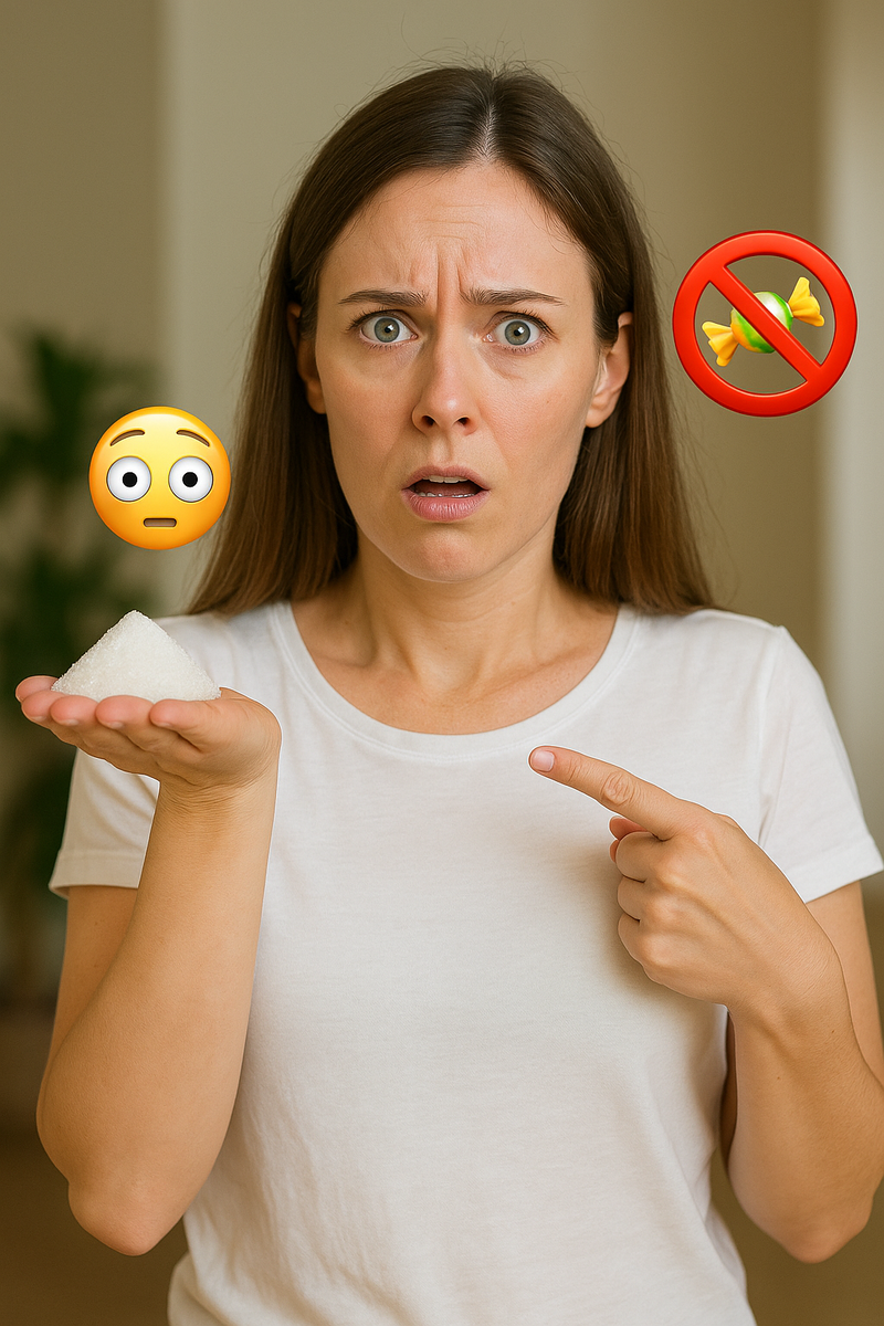 Удивлённая молодая женщина держит в руке горку сахара