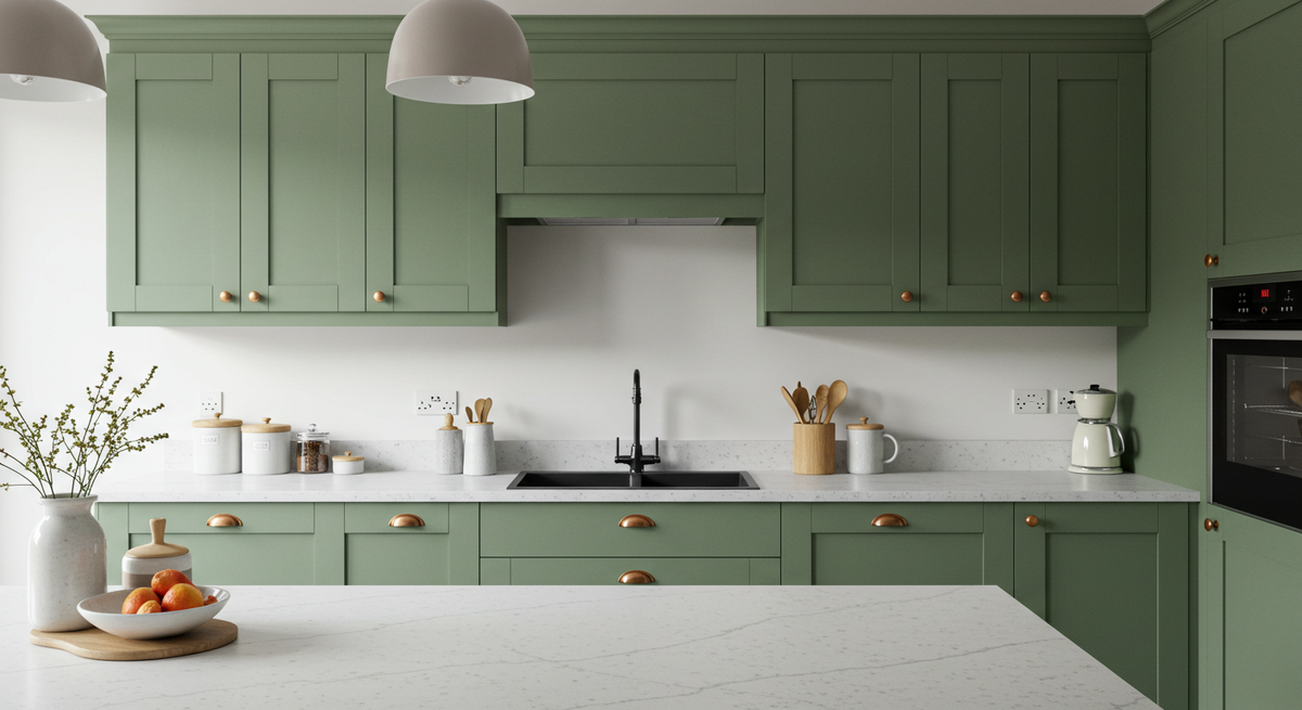 Элегантная кухня: матовые зелёные шкафы, светлая столешница и атмосфера уюта для вдохновения и вечеров в кругу семьи.