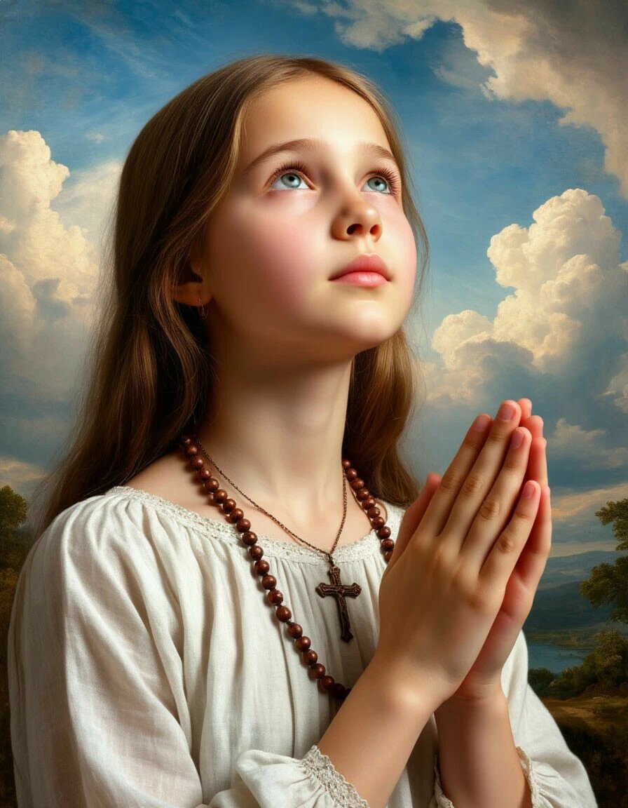 Хорошая добрая русская девушка, светлое лицо, крестик на шее, молится, взгляд в небо. В руках четки, ладони вместе. Эстетично, шедеврально, неземная красота, двойная экспозиция, в стиле Микельанджело