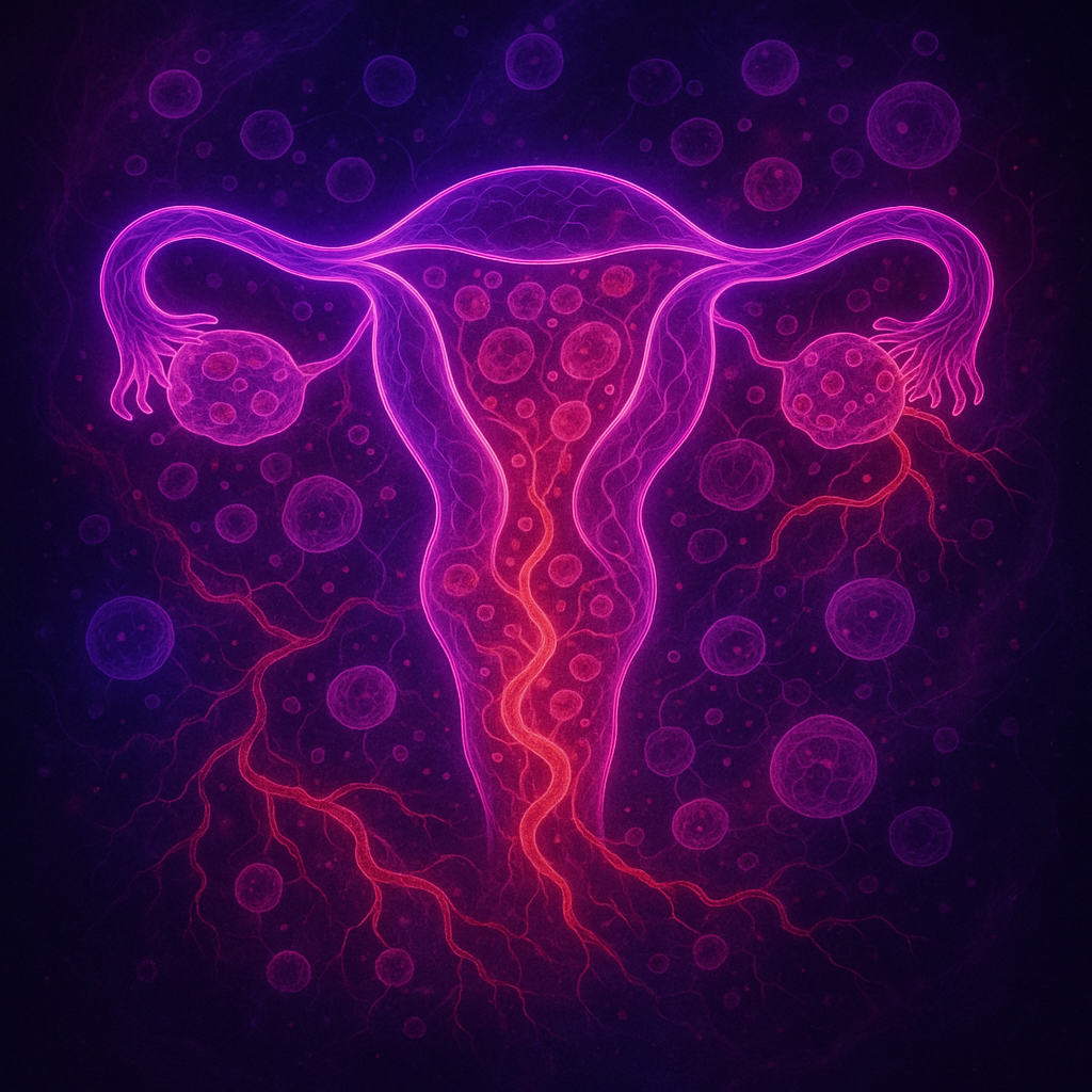 Светящаяся неоновая матка в космической тьме, окружённая пульсирующими «очагами» клеток и красными нитями воспаления, символизирует инвазивный характер эндометриоза.
