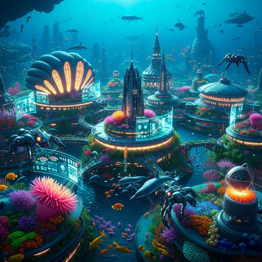 Футуристичное и впечатляющее изображение полностью реализованного подводного города, со светящимися структурами, передовыми технологиями и разнообразной морской жизнью, интегрированной в дизайн