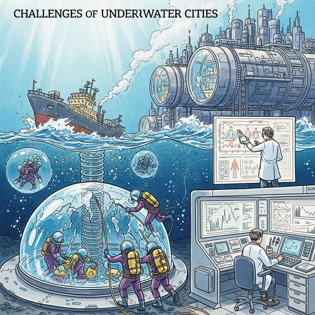 Иллюстрация, показывающая проблемы строительства и поддержания подводного города, с акцентом на давление, ресурсы и адаптацию человека