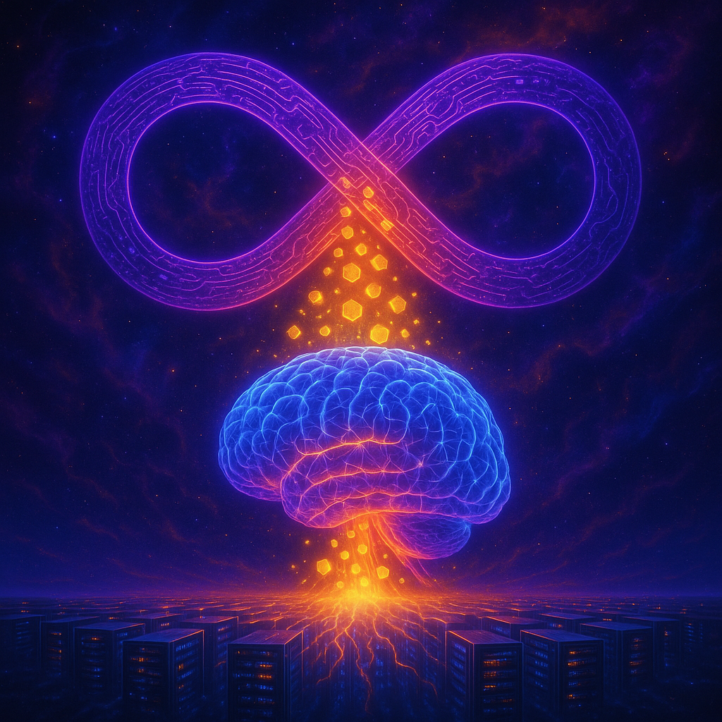 Сияющая петля-бесконечность Meta проливает поток золотых «данных» в огромный кибермозг над рядами серверов — визуальная аллегория $14,3-млрд инвестиций в Scale AI и рождение лаборатории суперинтеллекта.