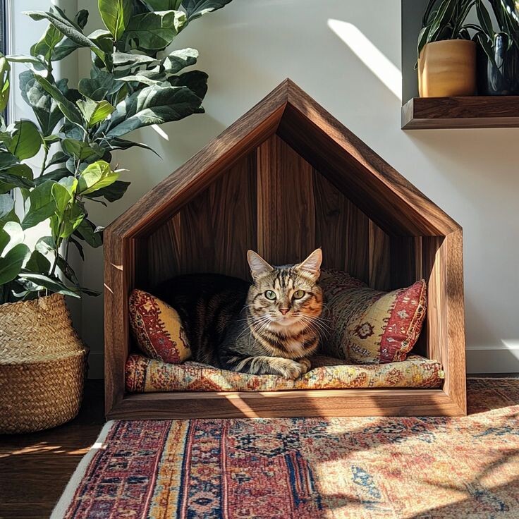 Уютный закрытый домик для котенка в тихом углу комнаты