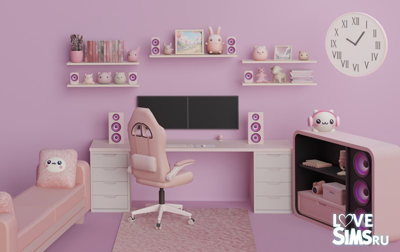 Что входит в комплект:

- Компьютер
- Ковер
- Стул
- Часы
- Шторы
- Наушники
- 3 полки
- Диван
- Стол