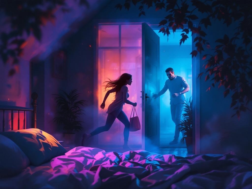    К чему такое снится: Женщина бежит из дома, держа в руках сумку. Она оглядывается назад, лицо выражает страх и решимость. У дверного порога видна тень мужчины, руки которого вытянуты в е