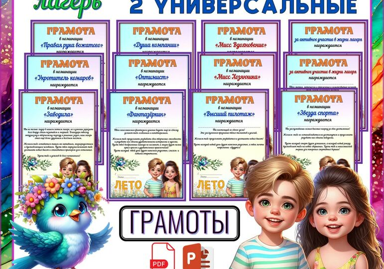 Грамоты для Летнего Лагеря. Оригинальные номинации для мальчиков и девочек + Шаблоны для редактирования