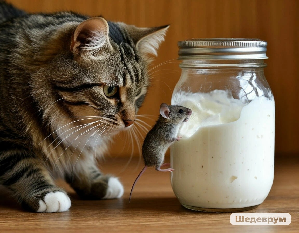 Кот поймал мышь в банке сметаны 