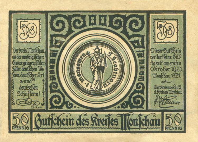 Нотгельд округа Моншау. 50 пфеннигов 1921 года (аверс)