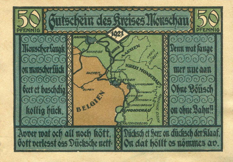 Нотгельд округа Моншау. 50 пфеннигов 1921 года (реверс)
