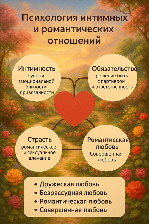 Интимные (романтические) отношения – особая форма межличностных отношений, характеризующаяся высокой эмоциональной включённостью, взаимной привязанностью партнеров, часто – сексуальной близостью, а также долговременными обязательствами (во зрелых формах отношений). Психология таких отношений исследуется в рамках нескольких направлений: теория любви, теория привязанности, социально-психологические исследования партнерского взаимодействия и др.


Одной из наиболее известных является трёхкомпонентная теория любви Р. Стернберга, которая утверждает, что любовь складывается из трёх основных компонентов: интимности, страсти и обязательства. Интимность (близость) – чувство эмоциональной близости, привязанности, «родства душ», доверие между партнерами. Страсть – романтическое и сексуальное влечение, физическая притяженность, сильные эмоции. Обязательство – решение быть с партнером и ответственность за поддержание отношений, долгосрочная приверженность. В зависимости от сочетания этих компонентов Стернберг выделил различные типы любви: дружеская любовь (только интимность), безрассудная любовь (страсть + обязательство без глубокой близости), романтическая любовь (интимность + страсть без обязательств), партнёрская любовь (интимность + обязательство без сильной страсти) и идеальный вариант – «совершенная любовь» (интимность + страсть + обязательство одновременно). Согласно этой теории, со временем пропорции компонентов могут меняться: например, страсть обычно максимальна на ранних этапах влюблённости, а затем несколько снижается, тогда как интимность и чувство долговременного союза растут. Для устойчивости отношений, по Стернбергу, важен баланс всех трёх аспектов. Те пары, которые сумели развить не только страсть, но и глубокую дружбу и взаимную ответственность, достигают наиболее зрелой формы любви.