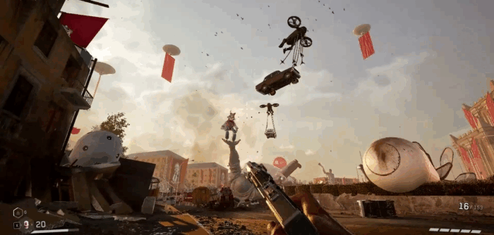 Gif картинка: "Дождь из машин и нахождение аптечек"