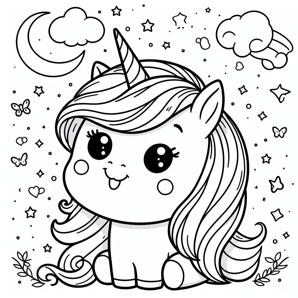Раскраска маленький единорог среди звёзд