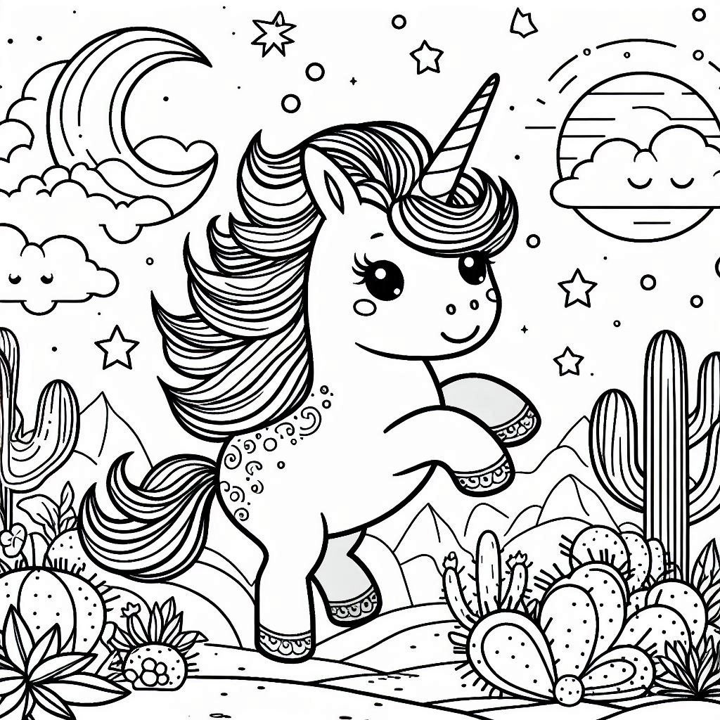 Раскраска с маленьким единорогом среди кактусов