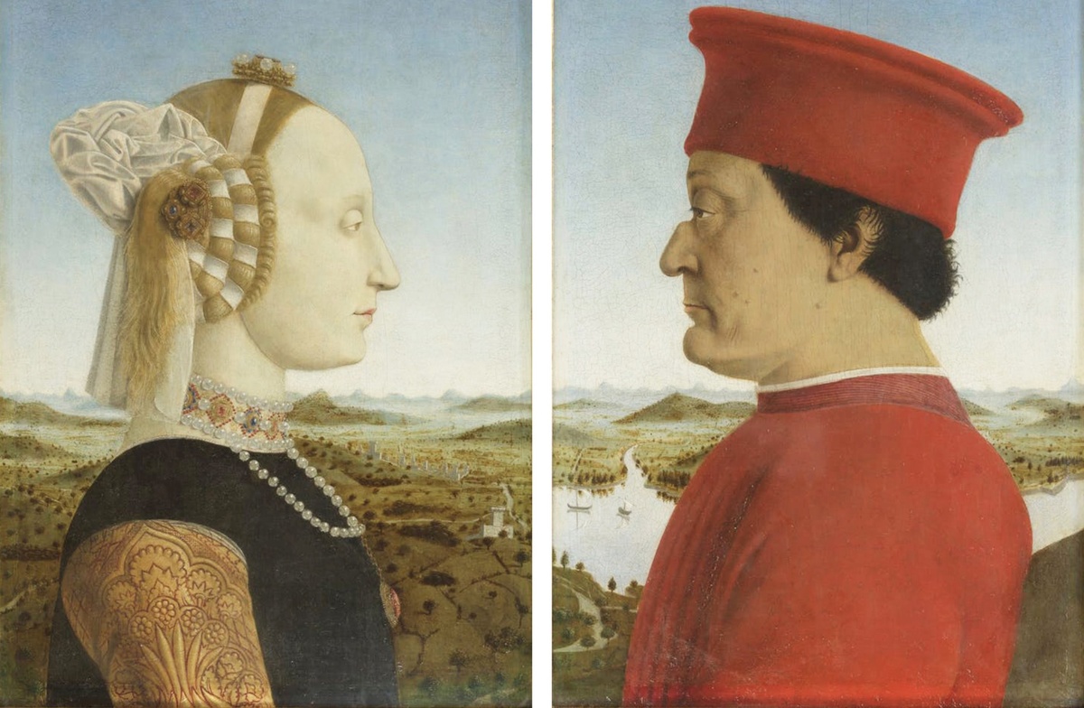 Пьеро делла Франческа, Двойной портрет Федерико да Монтефельтро и Баттисты Сфорца, 1473–1475. Масло, дерево. 47х33 (каждая панель). Галерея Уффици, Флоренция, Италия. 