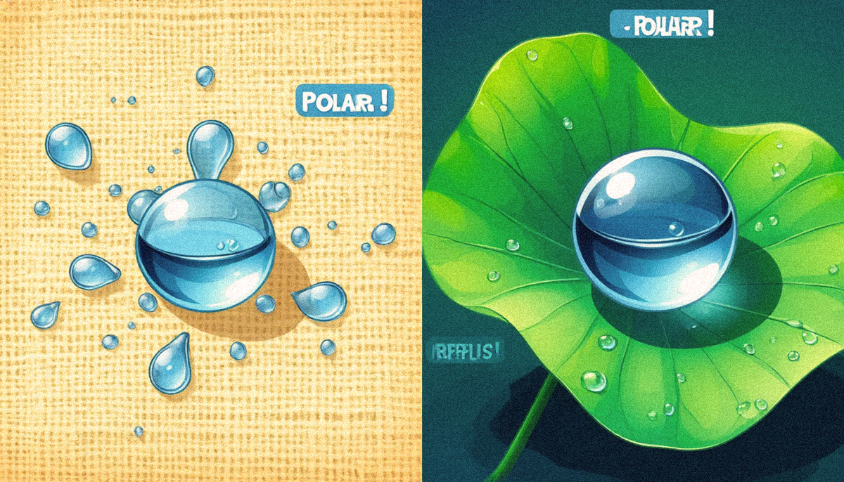 Вода любит полярные поверхности (хлопок, кожа)! Цепляется и мокнет. Неполярные (пластик, воск) отталкивает – капли скатываются!