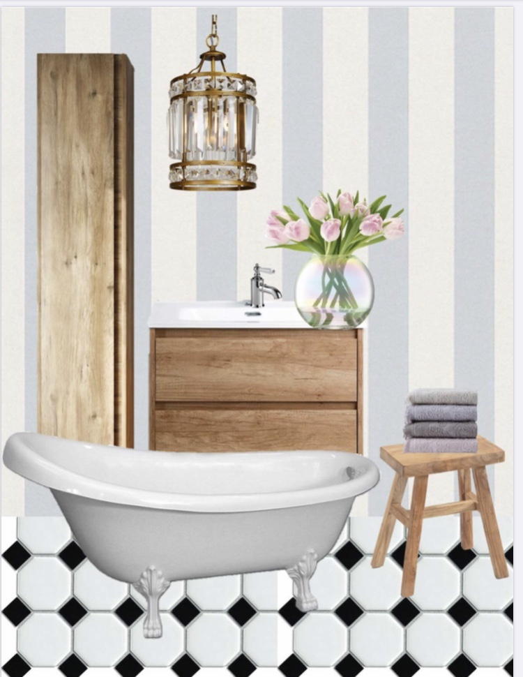 коллаж ванной комнаты включает отделку стен и потолка стантехнику и аксессуары