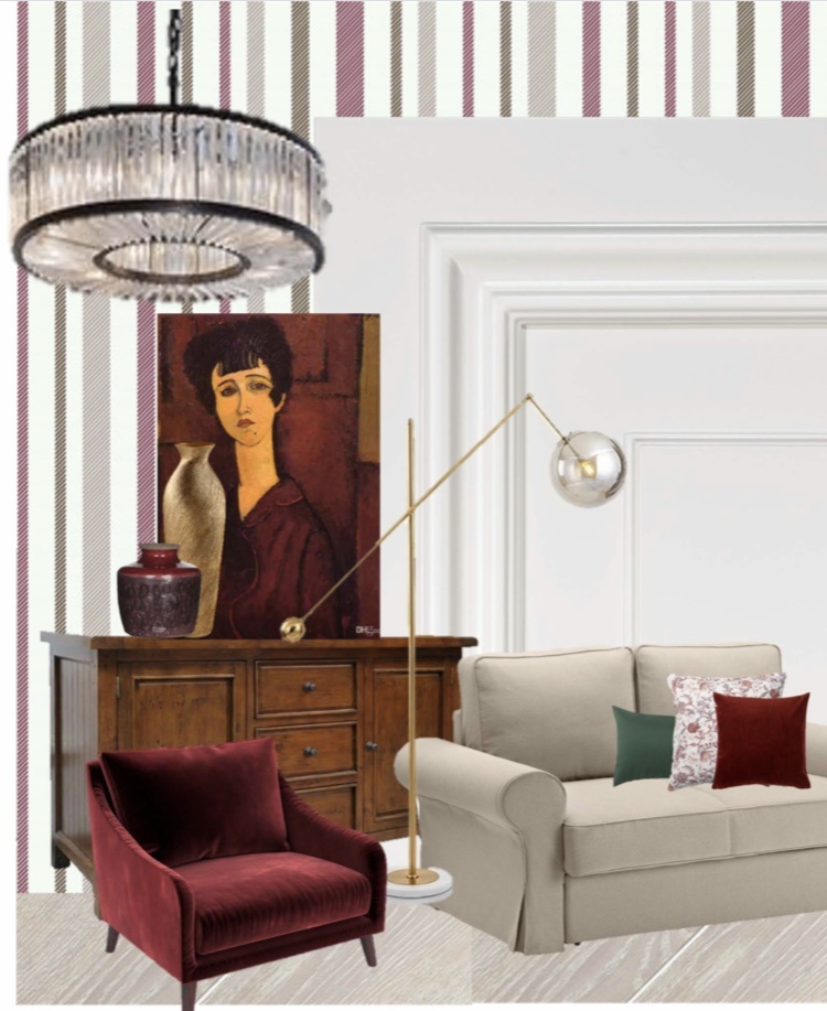 в коллаже гостиной ипользованы материалы пола и стен, освещение, мебель и декор