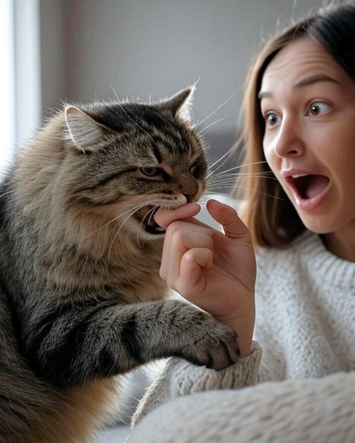 Кошка без явных причин прикусывает палец хозяйки.